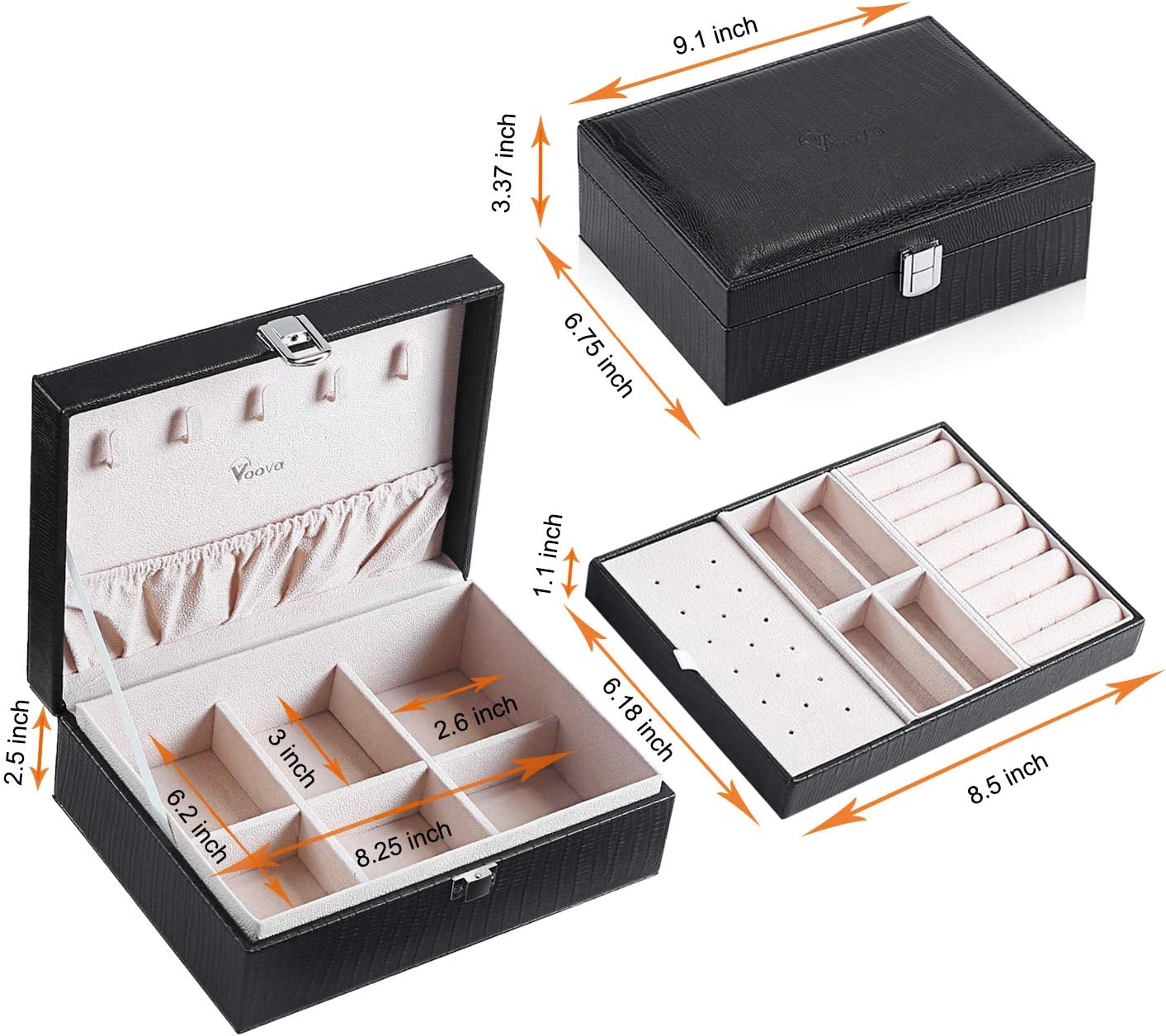 Voova Jewelry Box Organizer for Women Girls, 2 Layer Large Men Jewelry Storage Case, PU Leather Display Jewellery Holder with Removable Tray for Necklace Earrings Rings Bracelets, Vintage Gift,Grey - Image 6